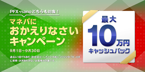 FX取引の再開するなら9月からがお得！最大10万円キャッシュバックのマネパへおかえりなさいキャンペーンのご案内