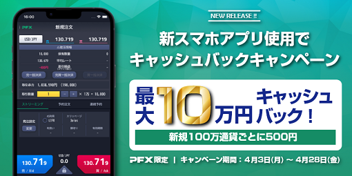 新スマホアプリでのお取引で最大10万円キャッシュバック