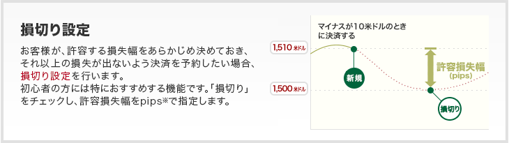 損切り設定 - お客様が、許容する損失幅をあらかじめ決めておき、それ以上の損失が出ないよう決済を予約したい場合、損切り設定を行います。初心者の方には特におすすめする機能です。「損切り」をチェックし、許容損失幅をpipsで指定します。