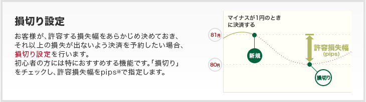 損切り設定 - お客様が、許容する損失幅をあらかじめ決めておき、それ以上の損失が出ないよう決済を予約したい場合、損切り設定を行います。初心者の方には特におすすめする機能です。「損切り」をチェックし、許容損失幅をpipsで指定します。